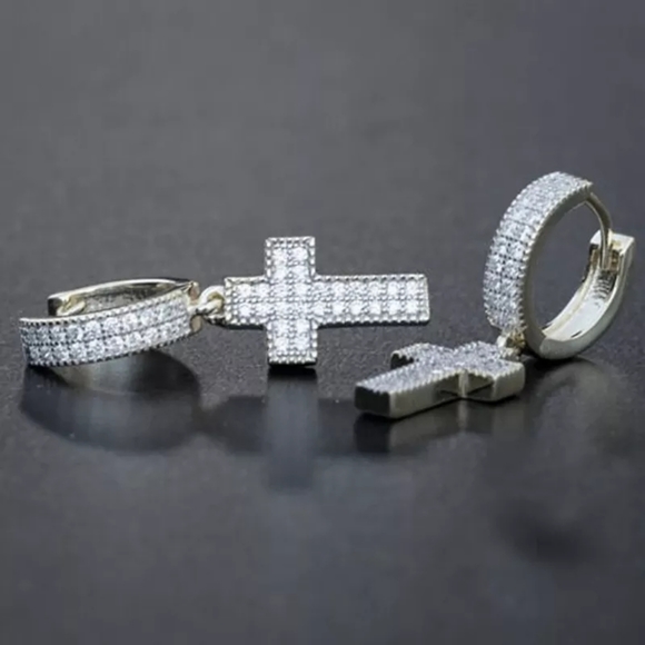 SILVER CROSS DANGLE UNISEX STUD BLING ZIRCON EARRINGS - Picture 5 of 7